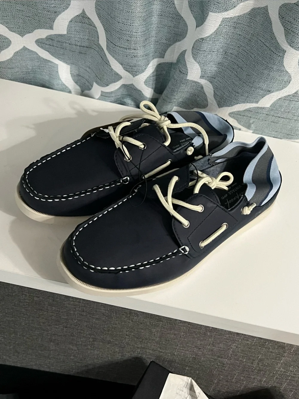 Weatherproof Navy Boat Shoes with Cream Laces